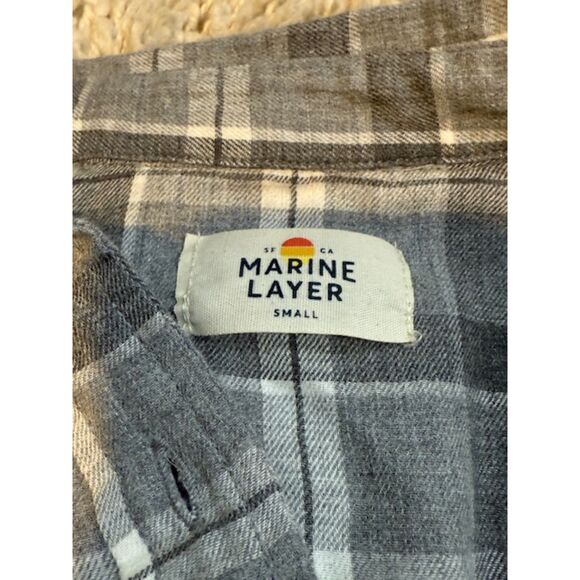 Marine Layer Plaid Flannel Shirt Small S Grey Tan Split Back Cotton Soft Detail - Picture 7 of 9